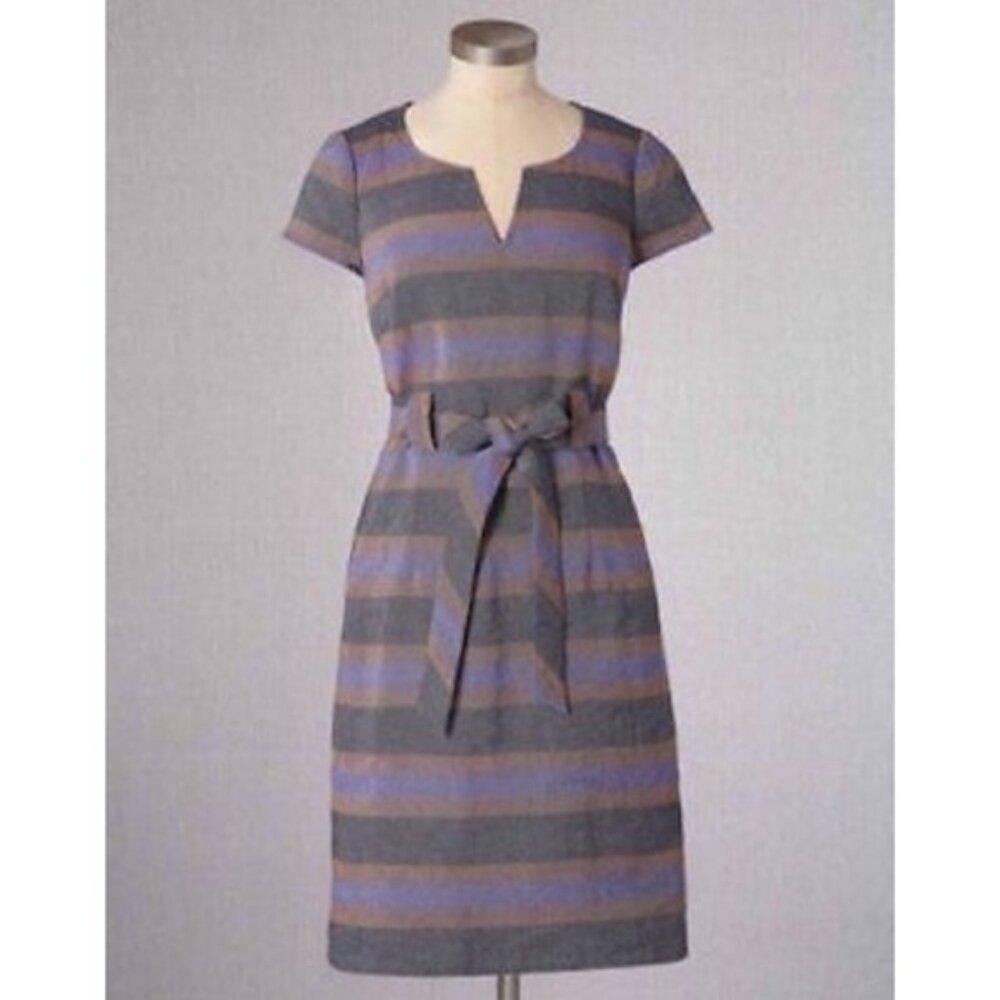 Boden Striped Notch V-Neck Belted Dress